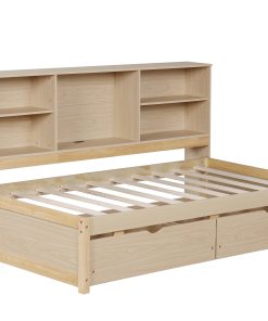 Twin Size Bed Frame With Side Bookshelves, Two Drawers, and Built-in USB Port