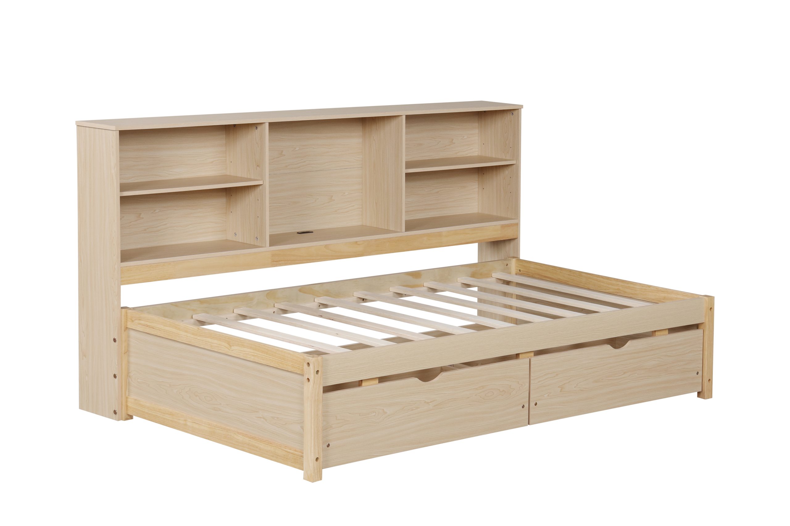 Twin Size Bed Frame With Side Bookshelves, Two Drawers, and Built-in USB Port