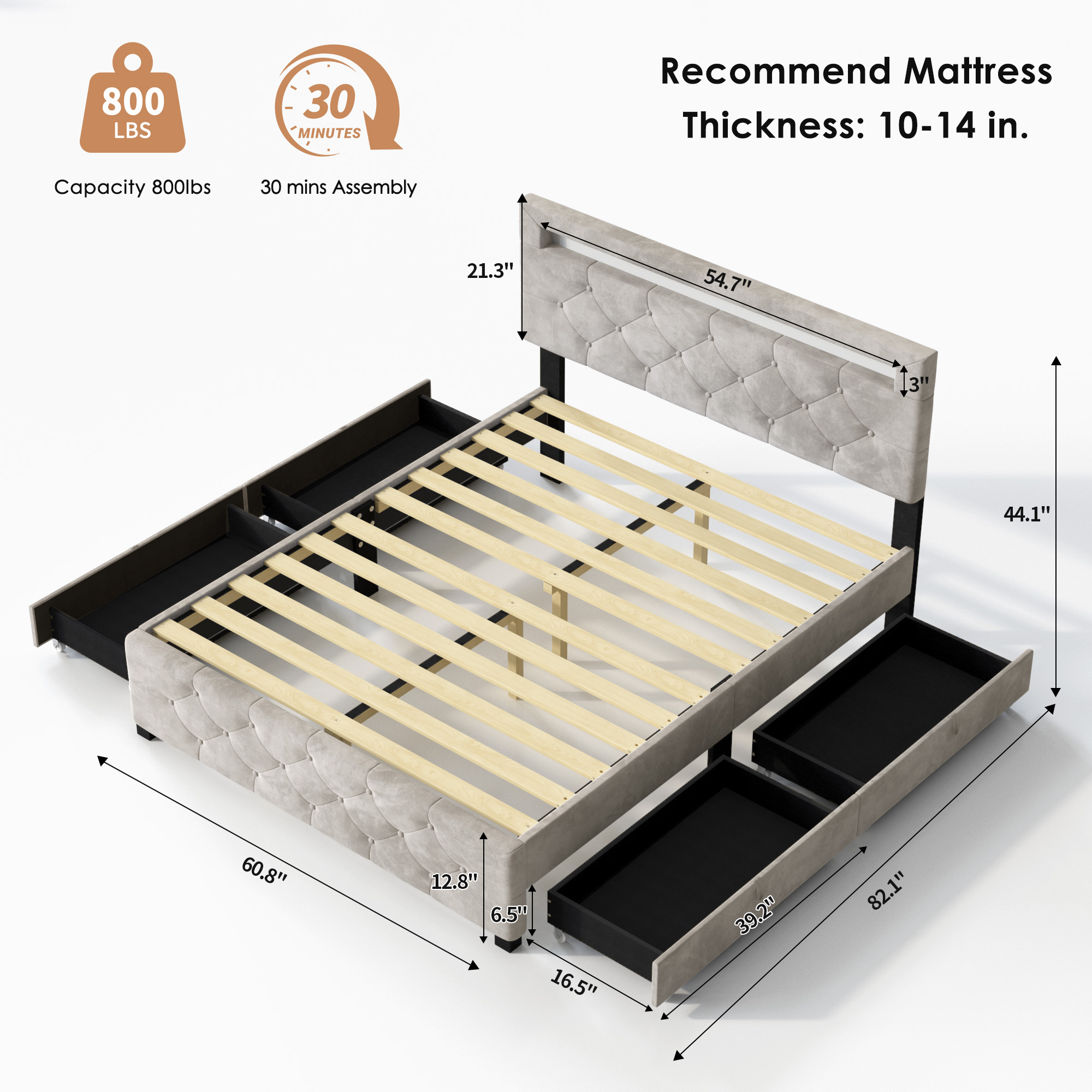 Queen Size Upholstered Platform Storage Bed Frame