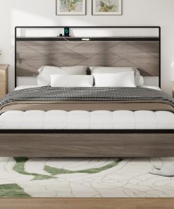Wooden Platform Bed Frame With Storage LED Light Headboard