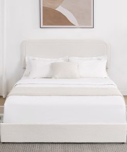 Queen Size Ivory Boucle Upholstered Platform Bed