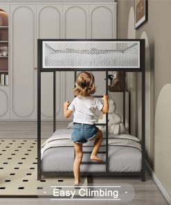 Black Twin Over Twin Bunk Bed With White Mesh Guard Rail