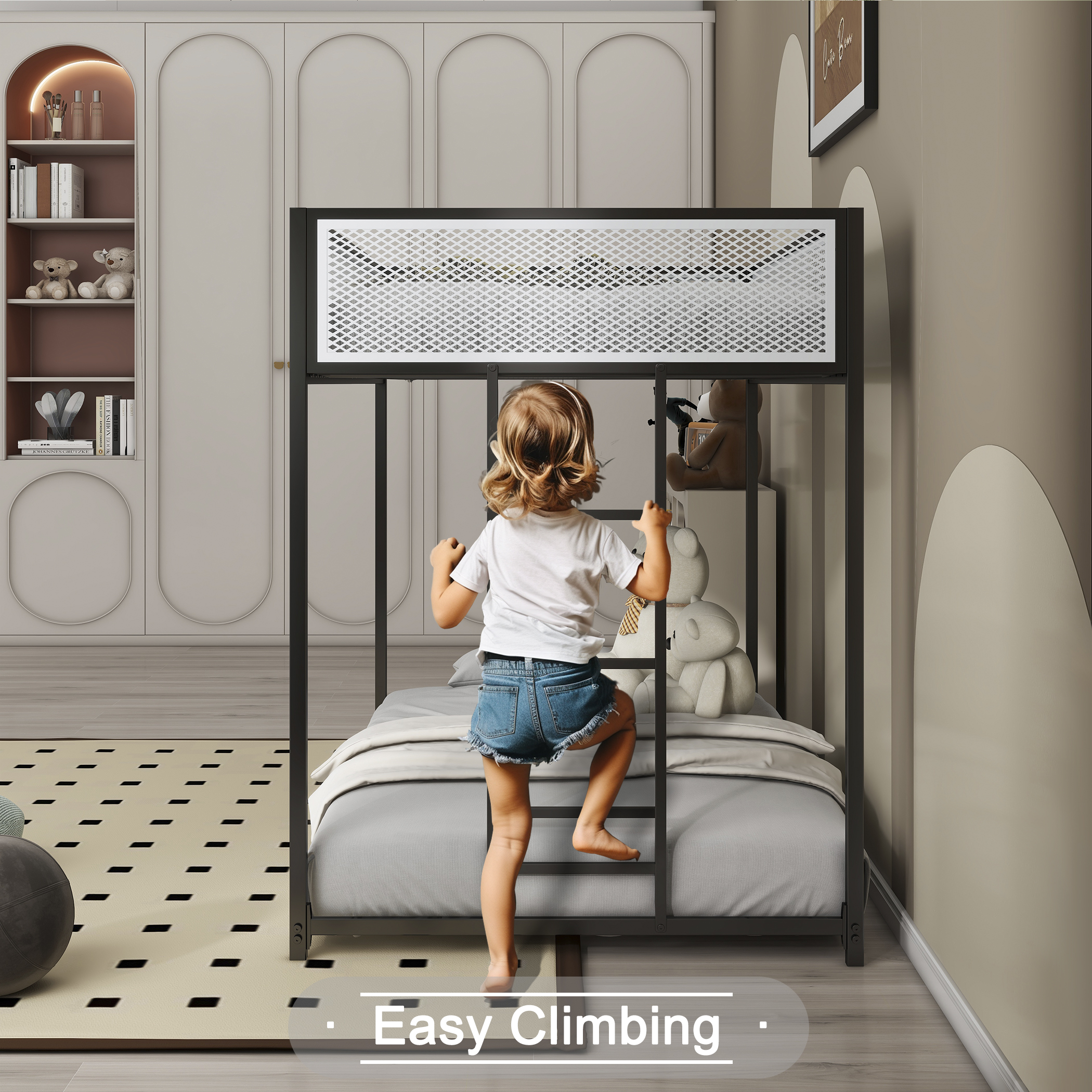 Black Twin Over Twin Bunk Bed With White Mesh Guard Rail