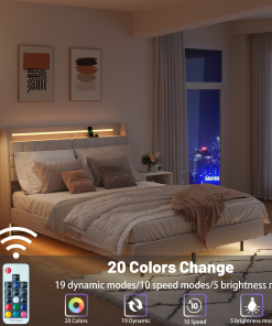 Full Floating Bed Frame with LED Light and Charging Station