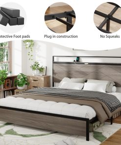 Wooden Platform Bed Frame With Storage LED Light Headboard