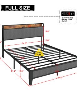 Full Size Bed Frame with Charging Station, Upholstered Headboard