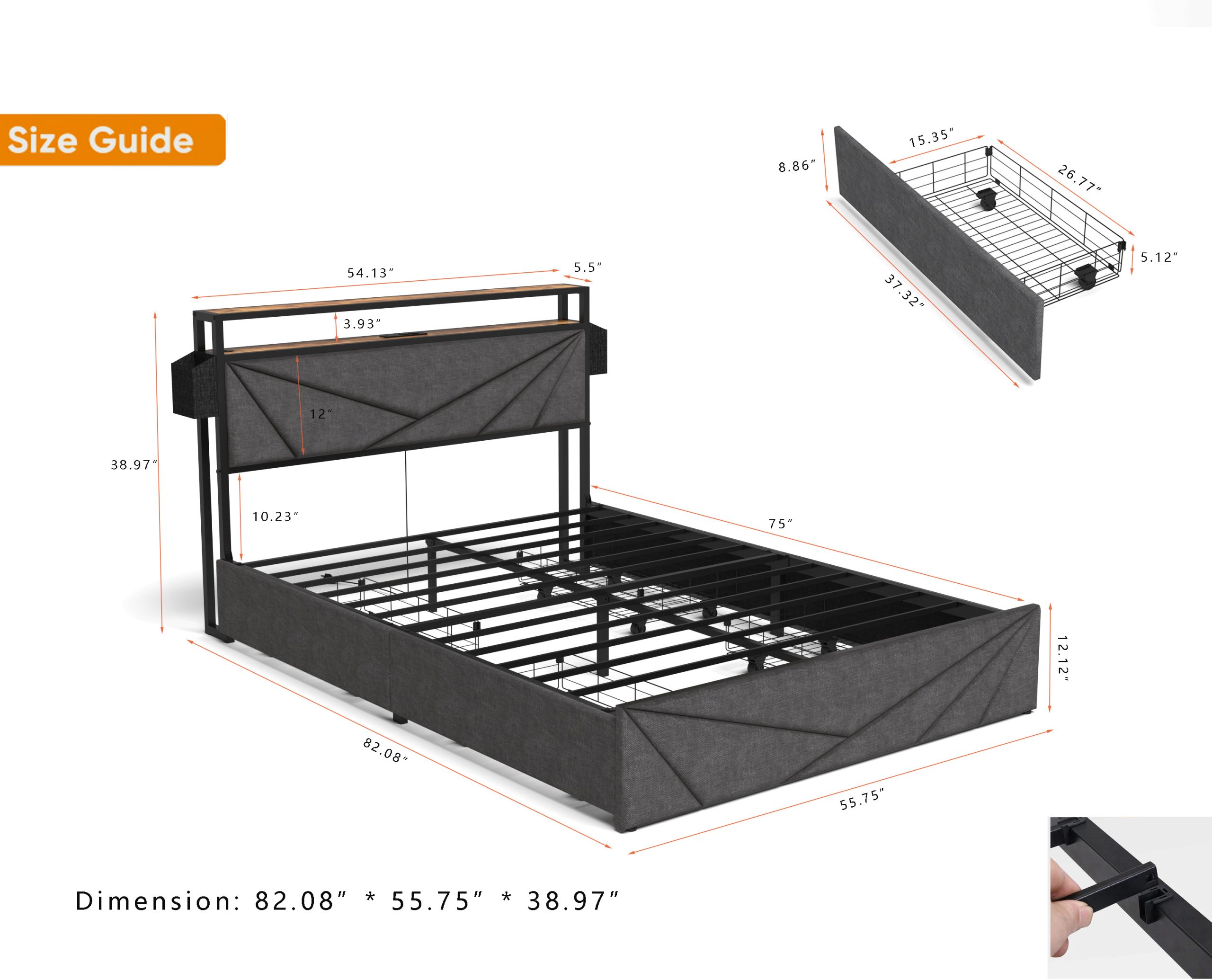 Full Bed Frame with Storage Headboard and Charging Station