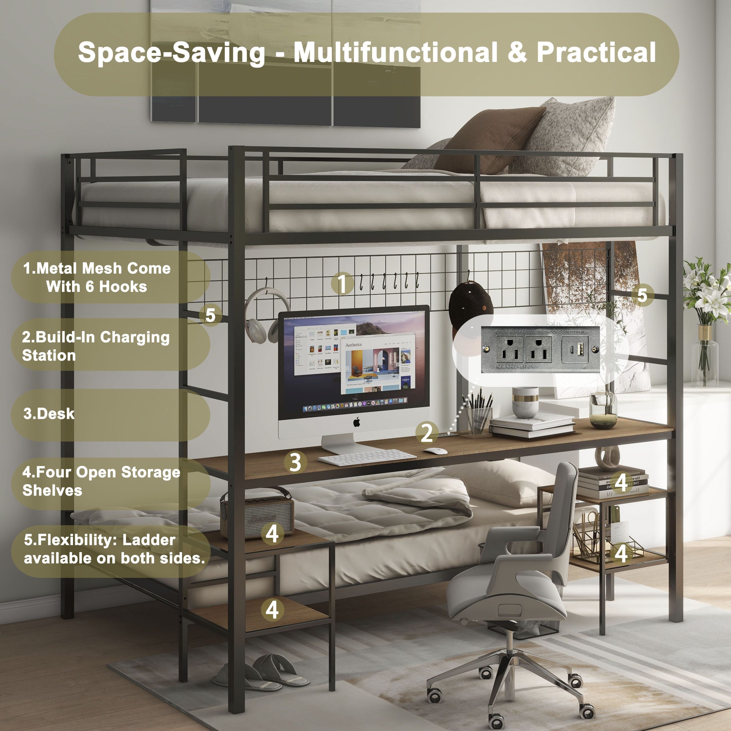 Ethan Full Over Twin Bunk Bed with Desk, Charging Station and Storage Shelves