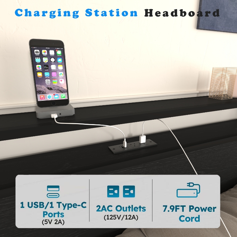 Full Size Bed Frame with 8 Storage Drawers, LED Headboard