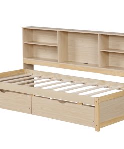 Twin Size Bed Frame With Side Bookshelves, Two Drawers, and Built-in USB Port