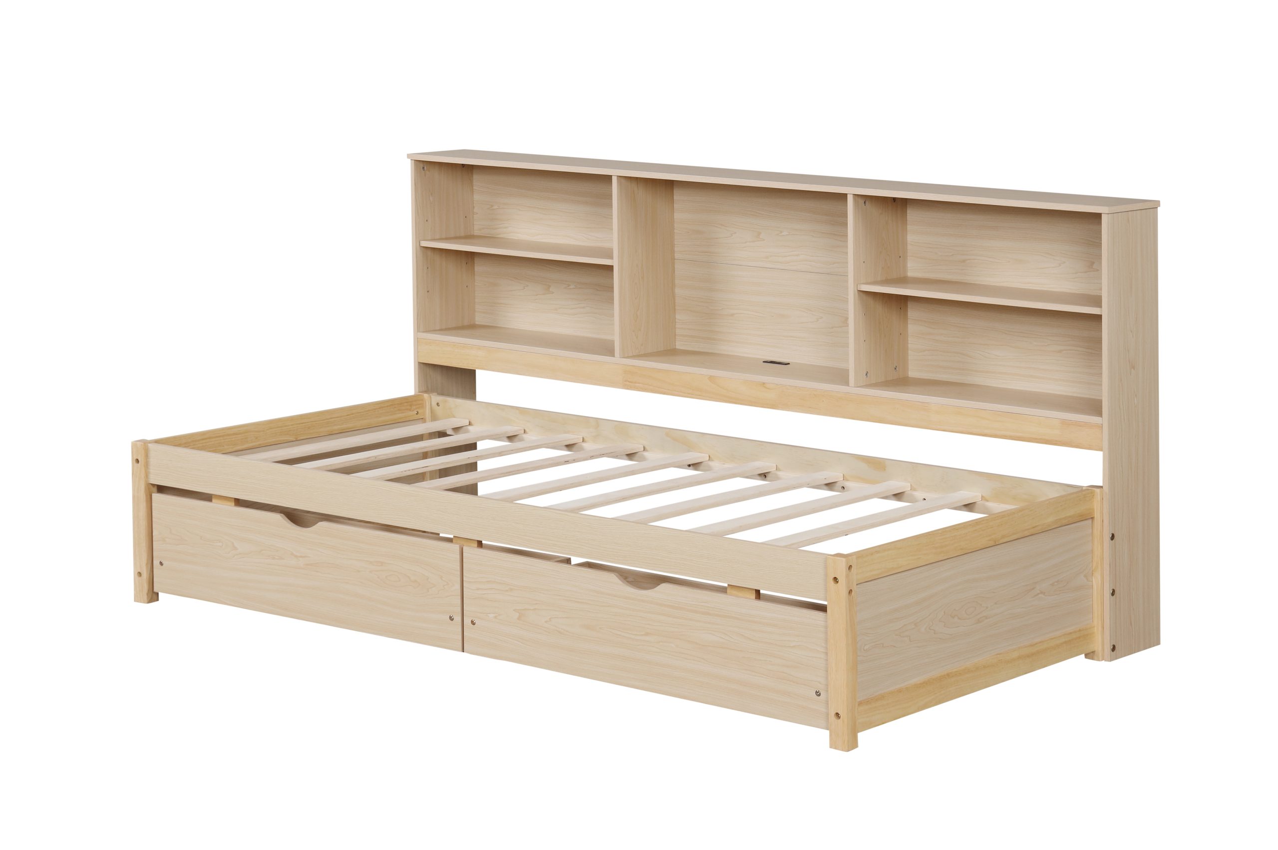 Twin Size Bed Frame With Side Bookshelves, Two Drawers, and Built-in USB Port