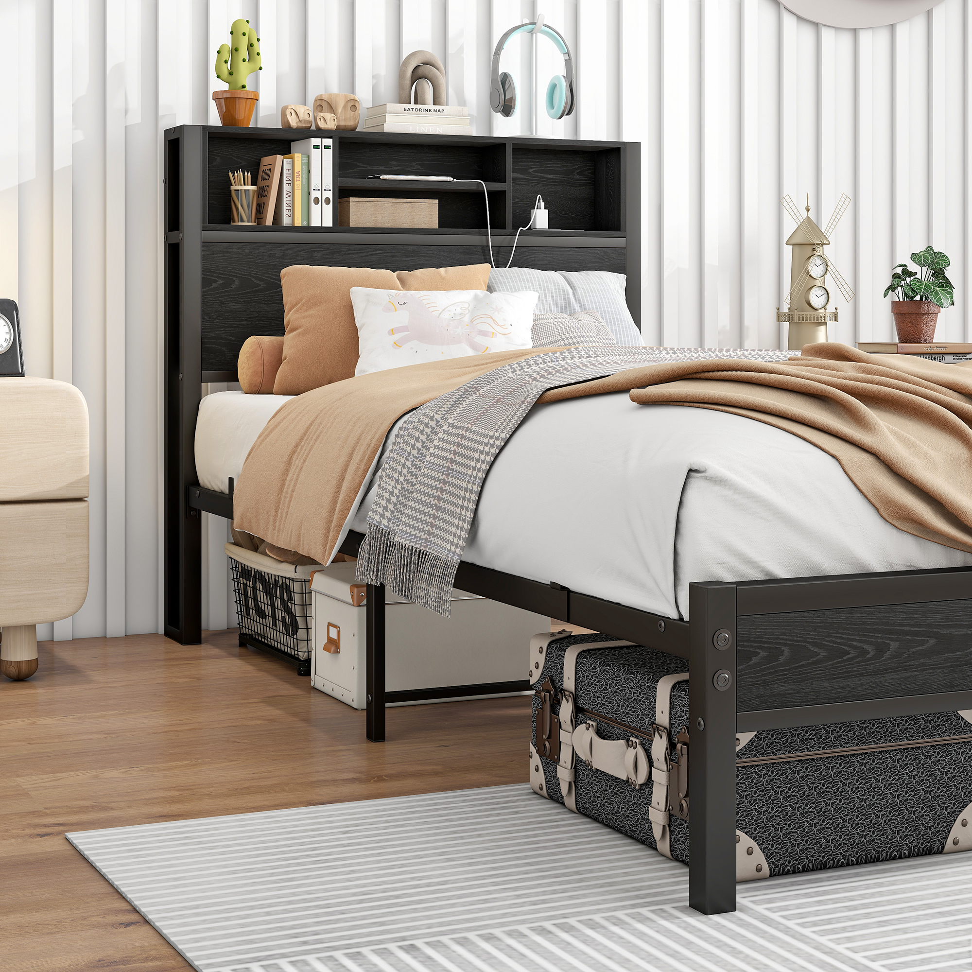 Twin Size Bed Frame With Storage Headboard