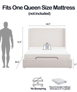 Caron Upholstered Wingback Bed with Adjustable Base Bundle Set, Queen Size