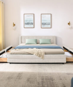 Queen Size Upholstered Bed Frame With Thick Fabric