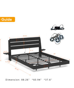 Floating Bed Frame Queen with Led Lights and Charging Station