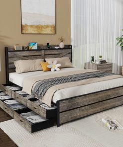 KIng Bed Frame with Storage Headboard and 12 Drawers LED Lights