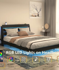 Floating Bed Frame Queen with Led Lights and Charging Station