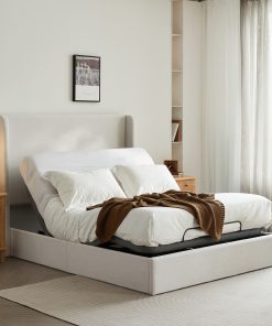 Caron Upholstered Wingback Bed with Adjustable Base Bundle Set, Queen Size