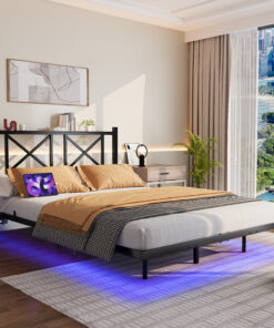 Full Size Floating Bed Frame with Headboard and Storage