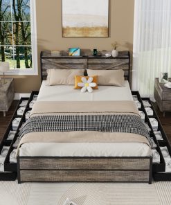 Queen Bed Frame with Storage Headboard and 12 Drawers LED Lights