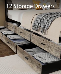 Queen Bed Frame with Storage Headboard and 12 Drawers LED Lights