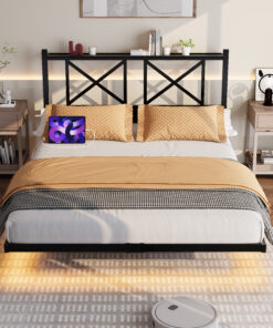 Full Size Floating Bed Frame with Headboard and Storage