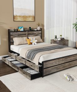 Queen Bed Frame with Storage Headboard and 12 Drawers LED Lights