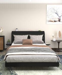 Floating Bed Frame Queen with Led Lights and Charging Station