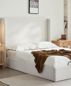 Caron Upholstered Wingback Bed with Adjustable Base Bundle Set, Queen Size