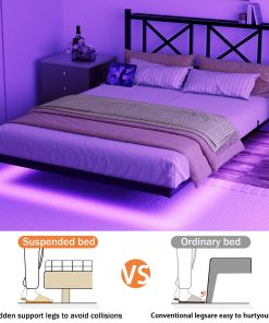 Queen Size Floating Bed Frame with Headboard and Storage