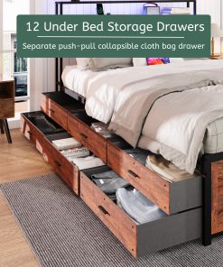 King Bed Frame with Storage Headboard and 12 Drawers