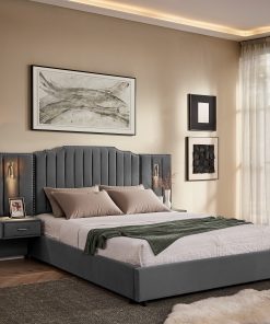 Queen Size Upholstered Bed Frame With Velvet Fabric