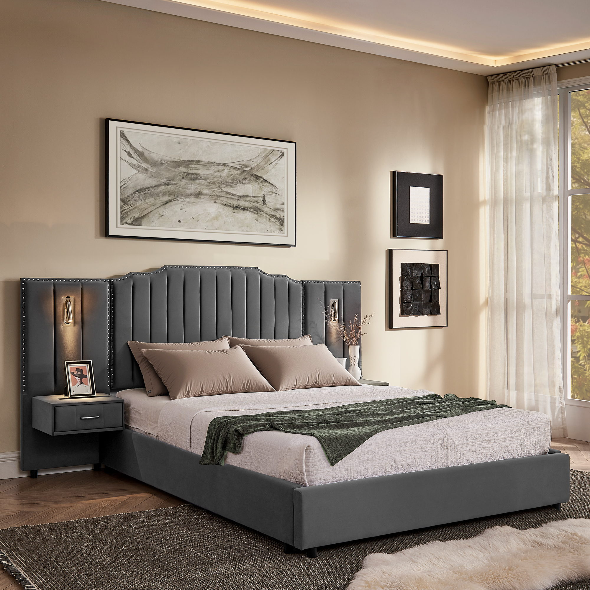 Queen Size Upholstered Bed Frame With Velvet Fabric