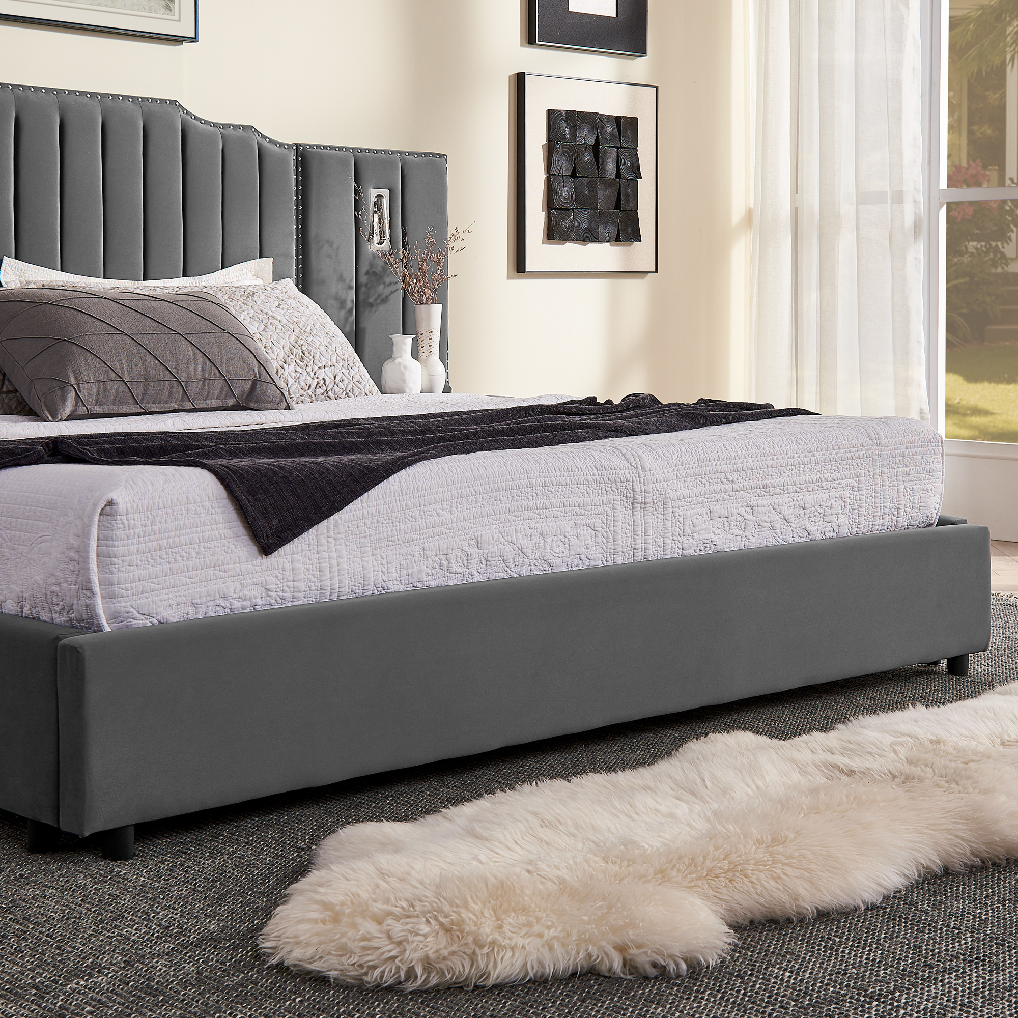Queen Size Upholstered Bed Frame With Velvet Fabric