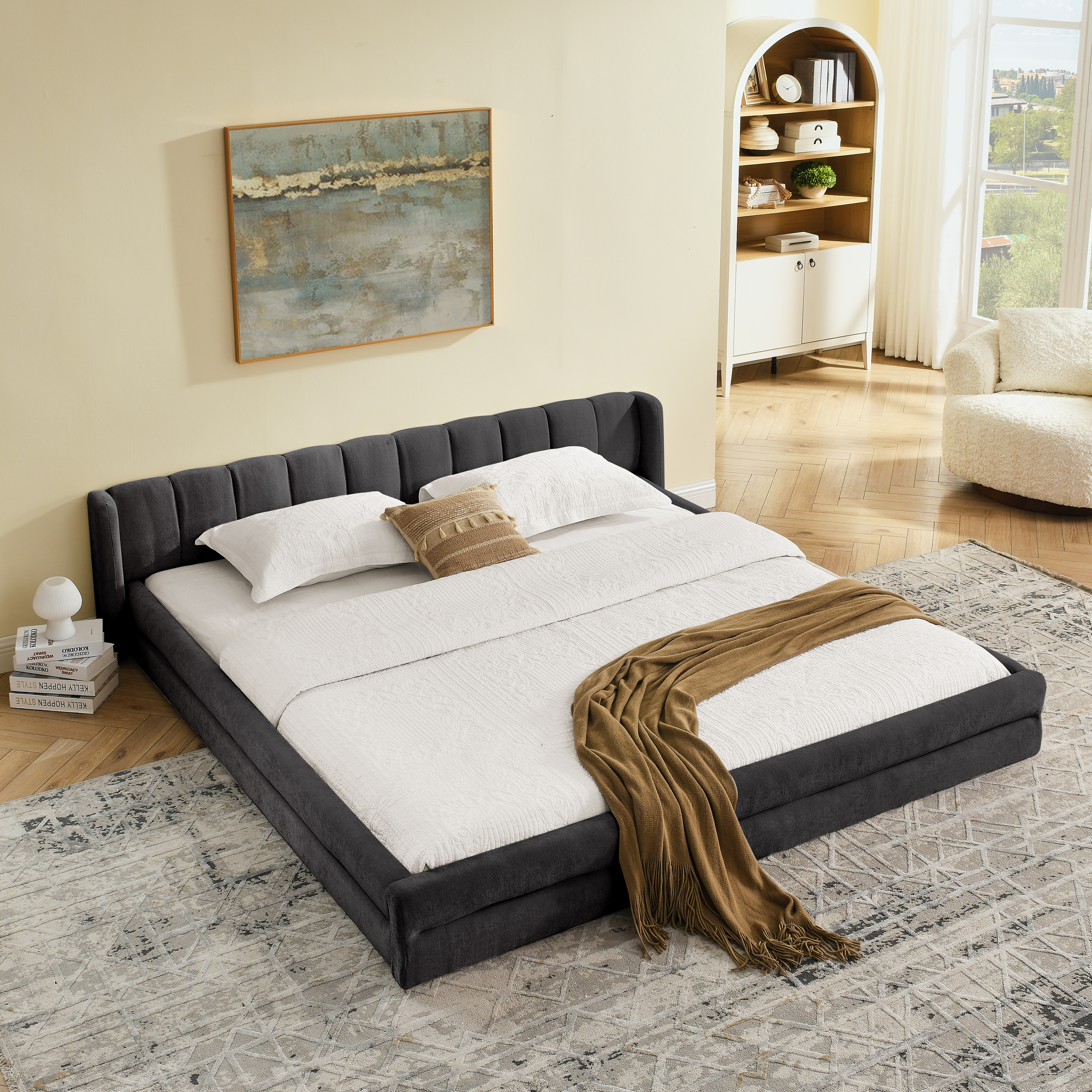 King Size Upholstered Bed Frame with Thick Fabric