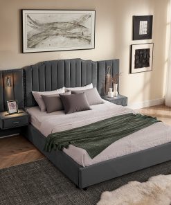 Queen Size Upholstered Bed Frame With Velvet Fabric