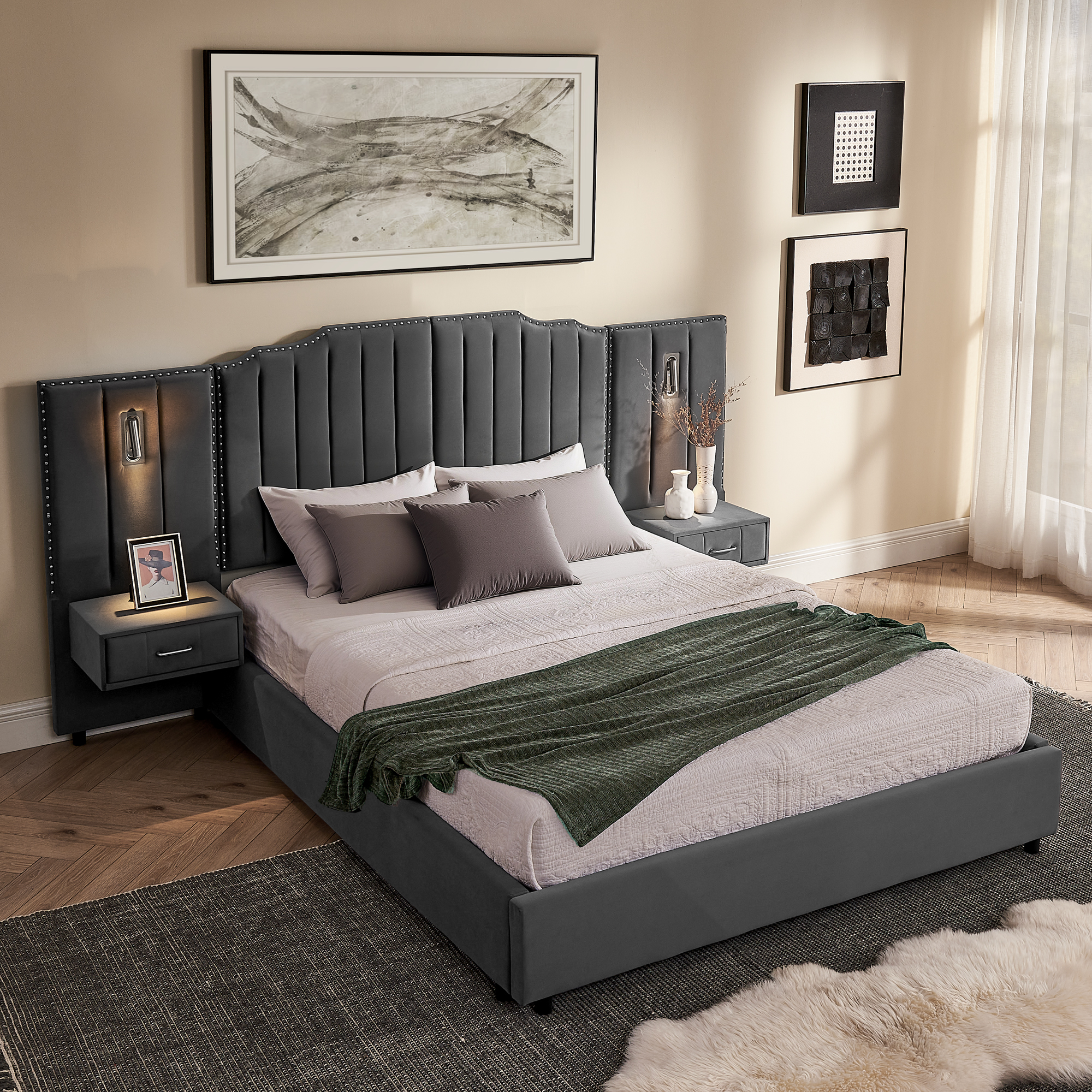 Queen Size Upholstered Bed Frame With Velvet Fabric