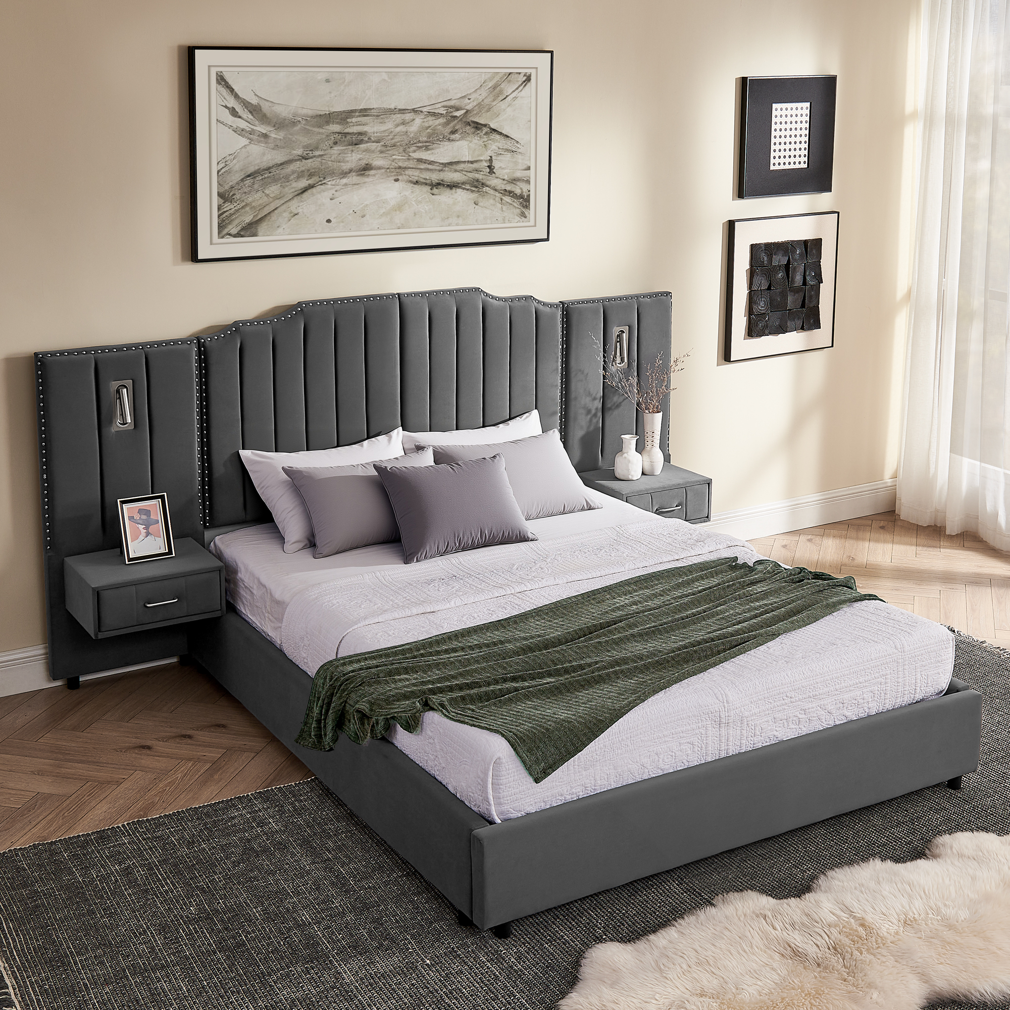 Queen Size Upholstered Bed Frame With Velvet Fabric