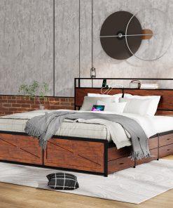 King Bed Frame with Storage Headboard and 12 Drawers