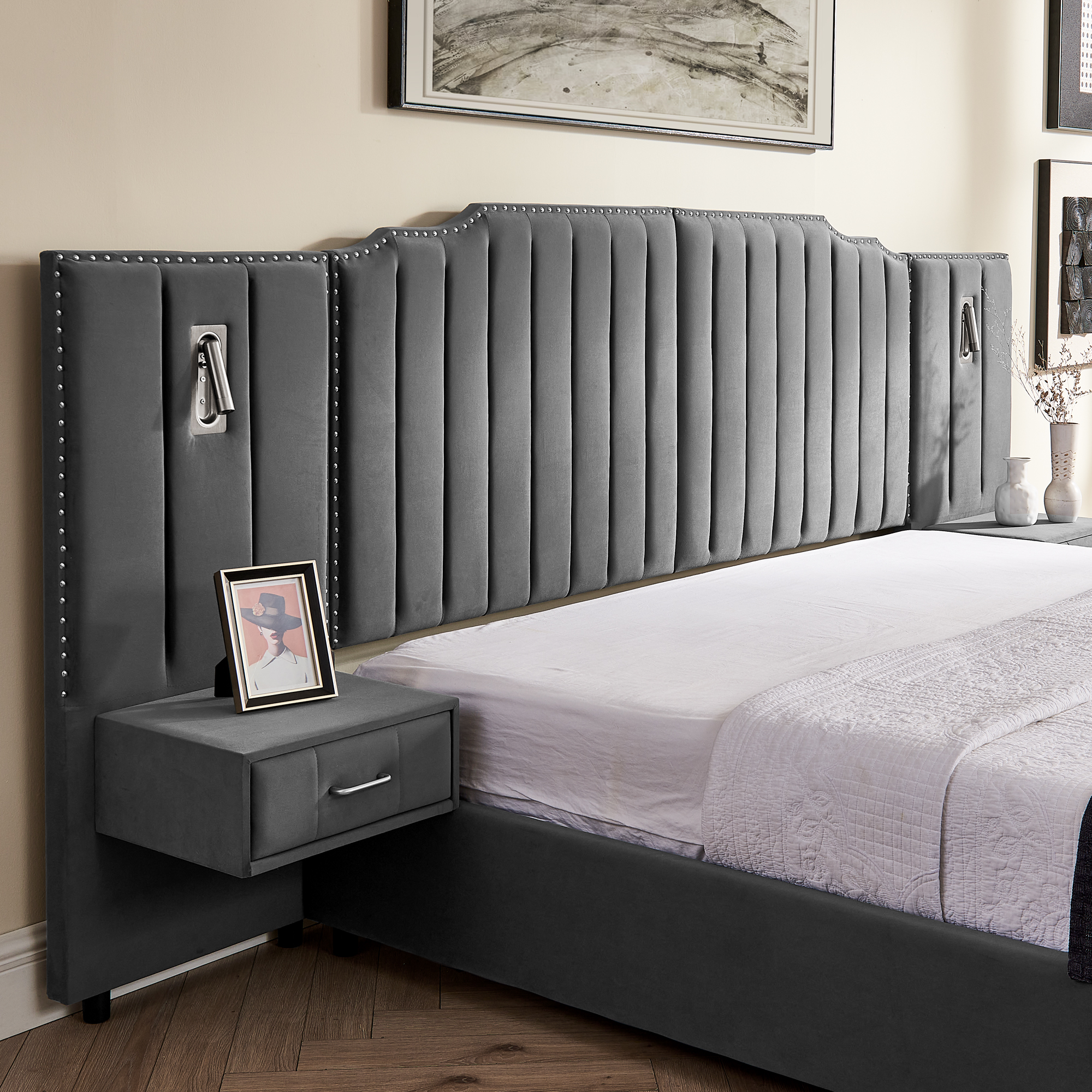 Queen Size Upholstered Bed Frame With Velvet Fabric