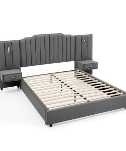 Queen Size Upholstered Bed Frame With Velvet Fabric