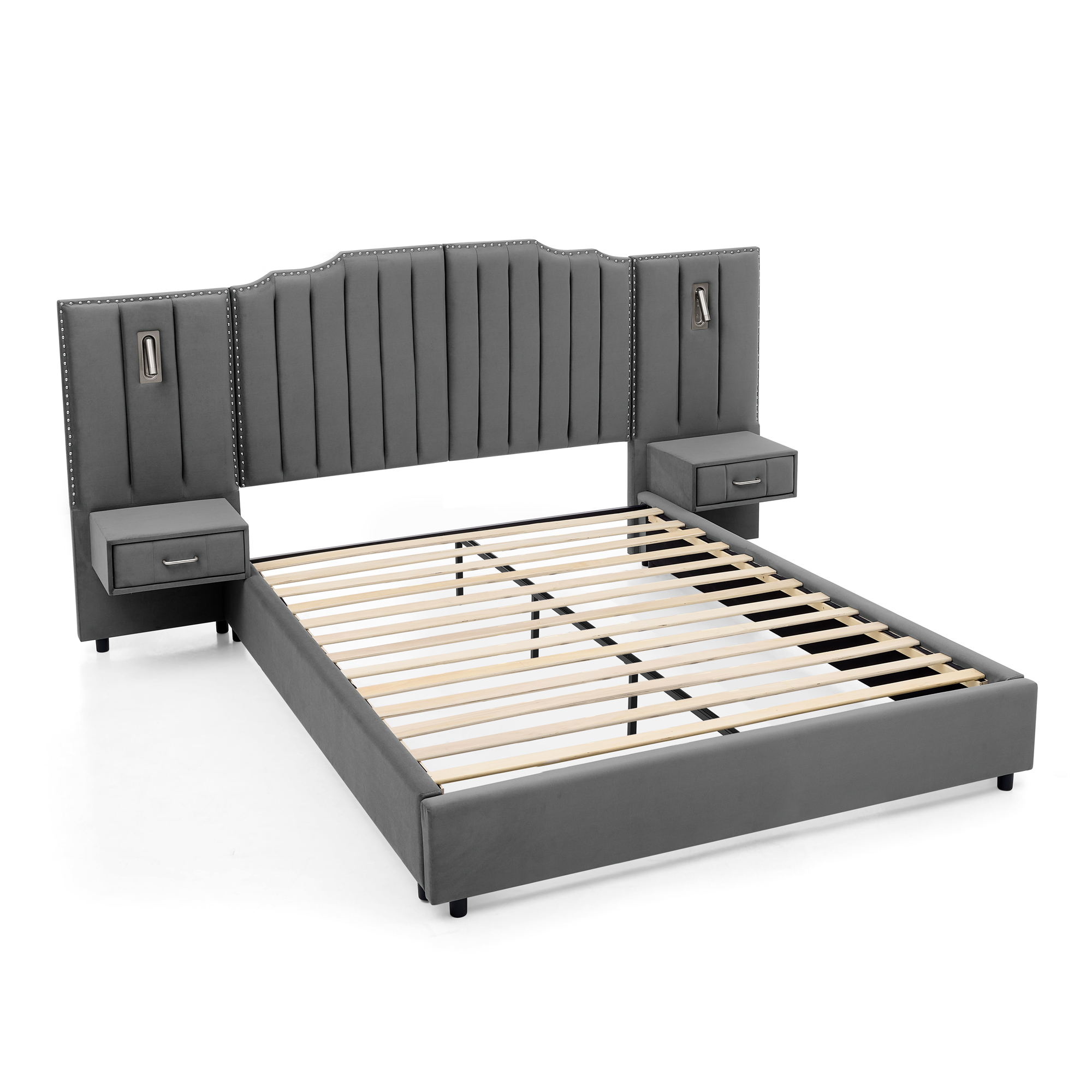 Queen Size Upholstered Bed Frame With Velvet Fabric