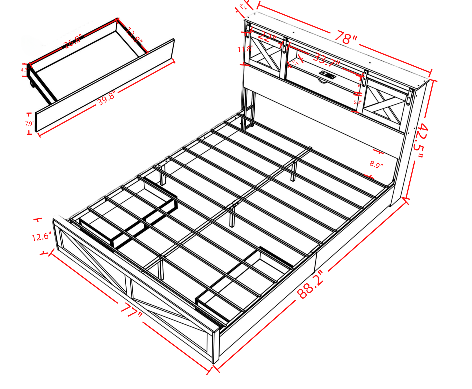 King Size Farmhouse Bed With LED Lights And Charging Station