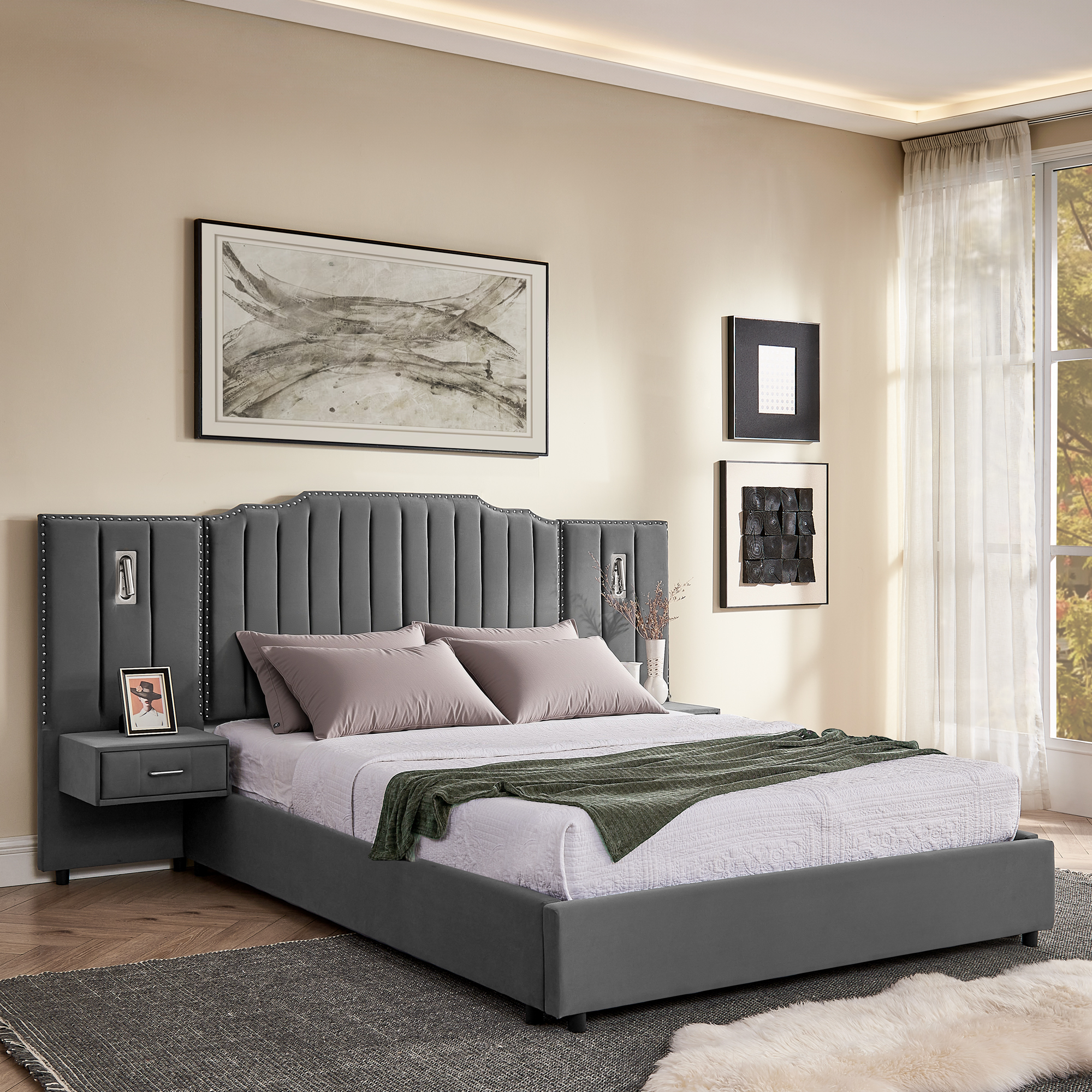Queen Size Upholstered Bed Frame With Velvet Fabric