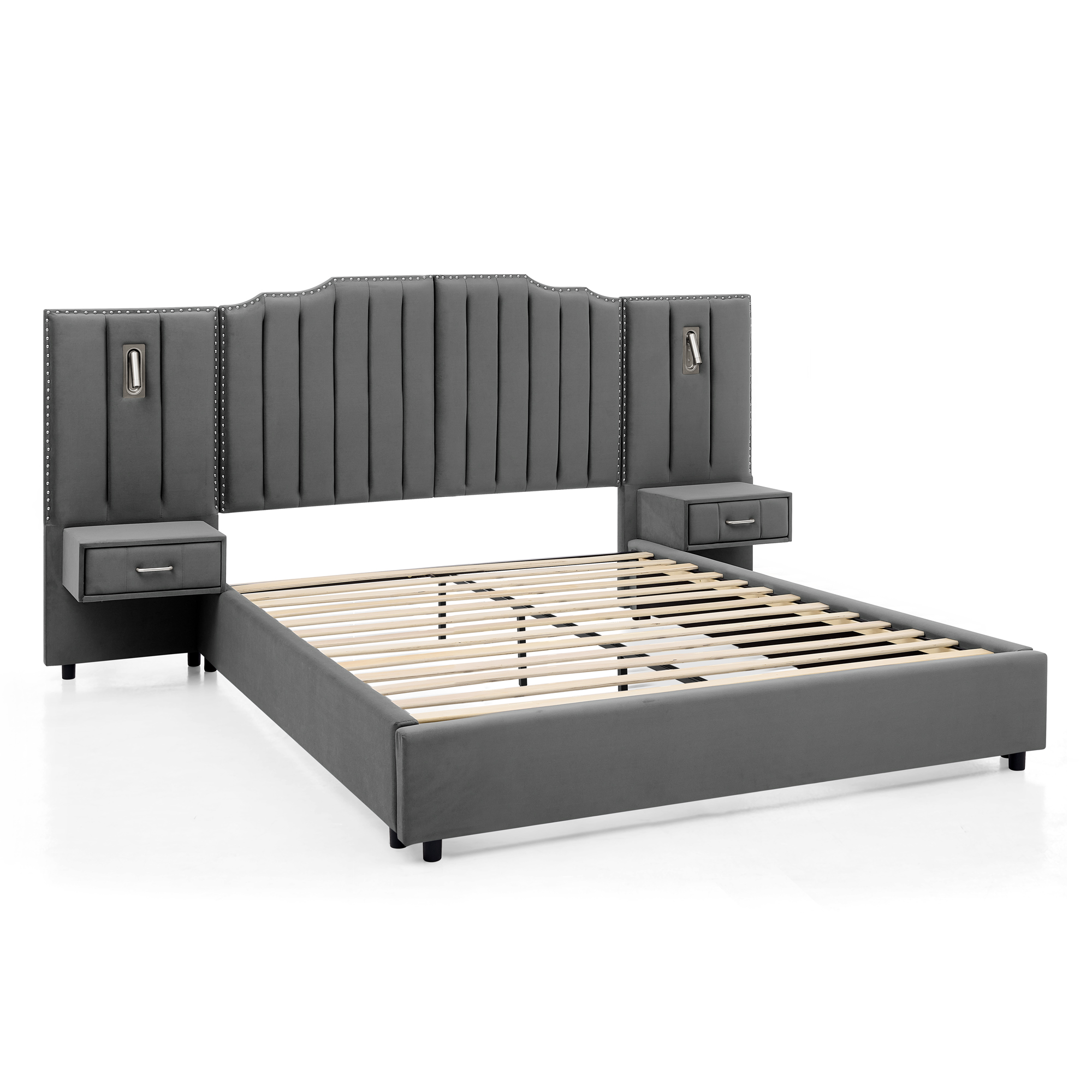 Queen Size Upholstered Bed Frame With Velvet Fabric
