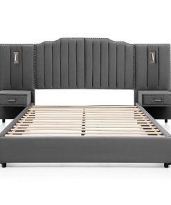 Queen Size Upholstered Bed Frame With Velvet Fabric