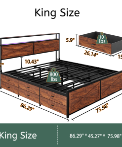 King Bed Frame with Storage Headboard and 12 Drawers