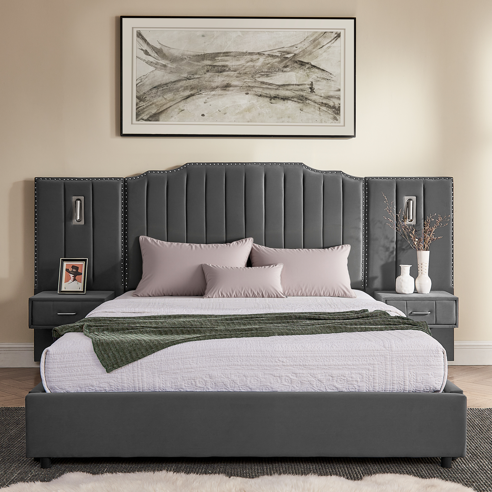 Queen Size Upholstered Bed Frame With Velvet Fabric