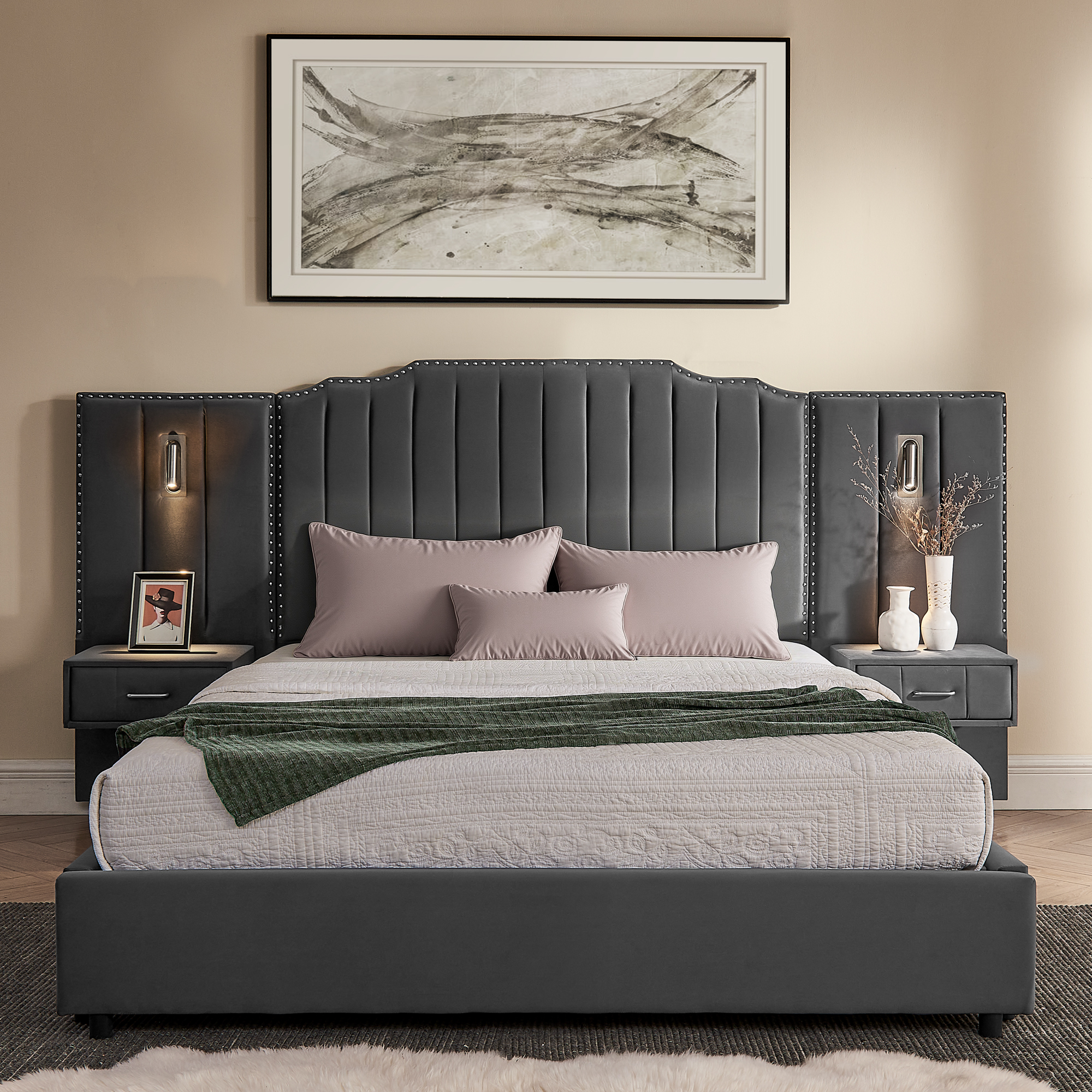 Queen Size Upholstered Bed Frame With Velvet Fabric