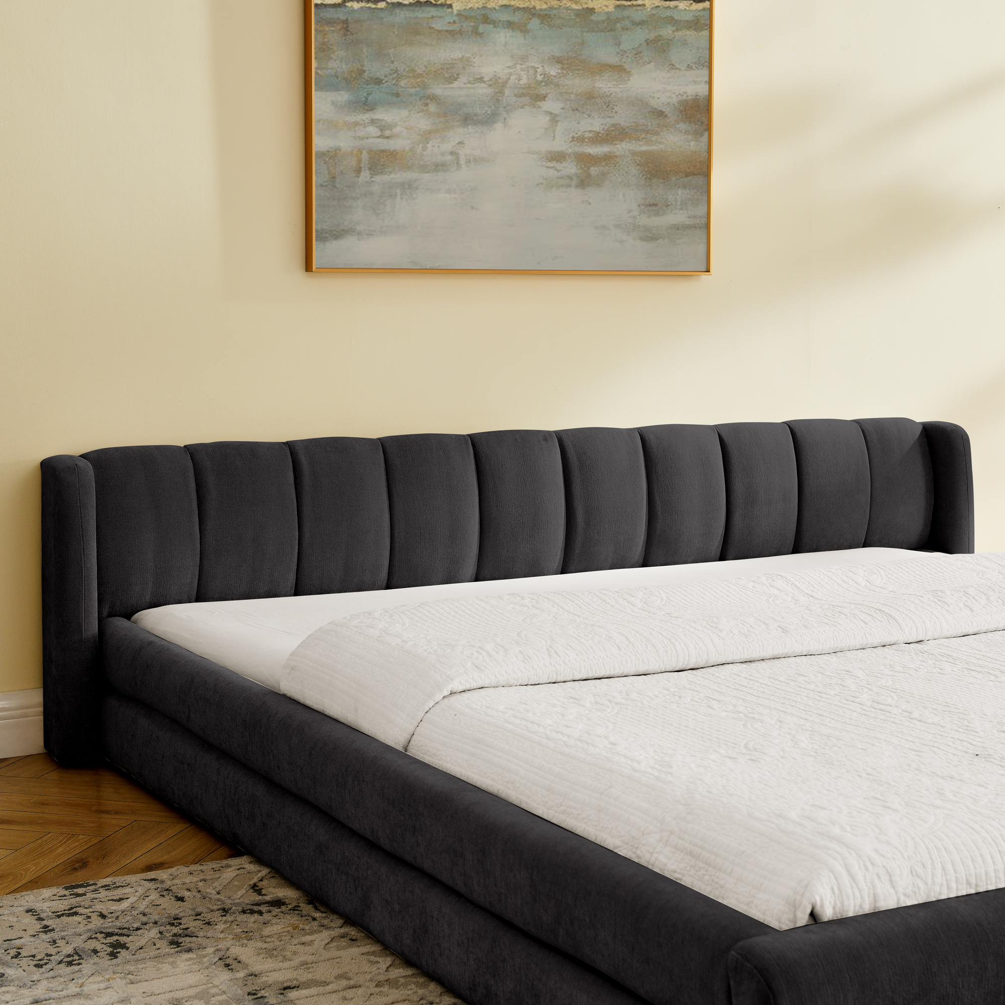 King Size Upholstered Bed Frame with Thick Fabric